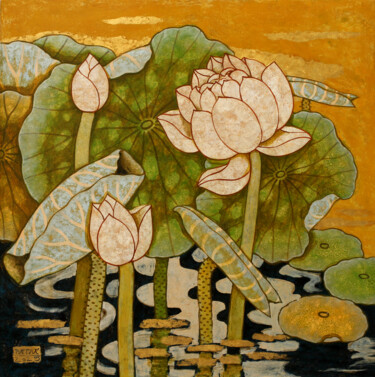 Schilderij getiteld "Budding" door Du Bui Trong, Origineel Kunstwerk, Lak Gemonteerd op Houten paneel