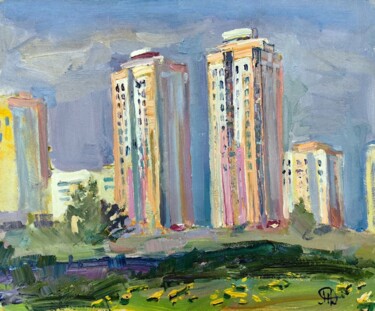 Green Hills Картина под названием "Green Hills" - Onpumi, Подлинное произведение искусства, Масло Установлен на Другая жесткая панель