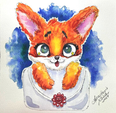 Cute Fox with Bag - Adorable Cartoon Illustration, handmade 绘画 标题为“Cute Fox with Bag -…” 由Anastasia Kokler, 原创艺术品, 水彩