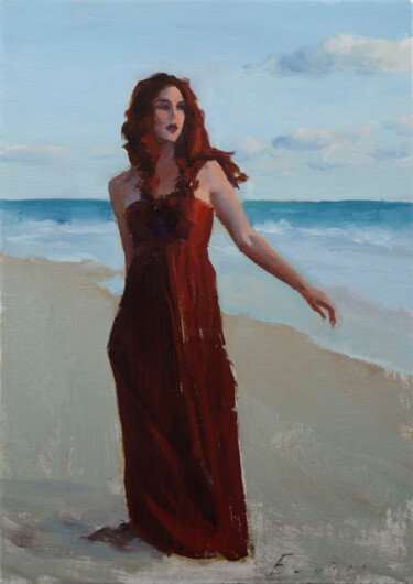 Painting titled "Red by the sea" by Romain Eugène, Original Artwork, Oil Mounted on Cardboard