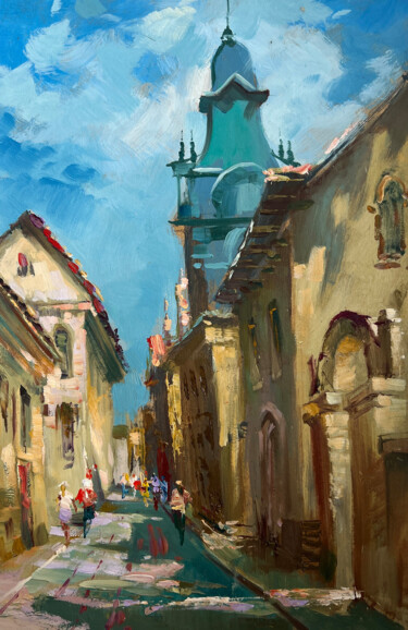 People are walking down the street Peinture intitulée "People are walking…" par Yuriy Suprunchuk, Œuvre d'art originale, Huile Monté sur Carton