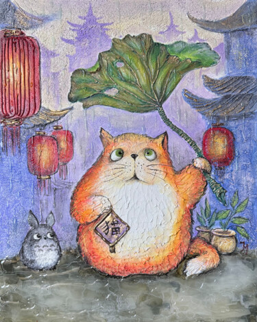 Ginger cat with a leaf on street under the rain 绘画 标题为“Ginger cat with a l…” 由Joanna Misoteri, 原创艺术品, 丙烯 安装在其他刚性面板上
