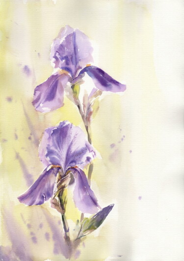 Purple irises on yellow. Watercolor. Malarstwo zatytułowany „Purple irises on ye…” autorstwa Alla Prisakar, Oryginalna praca, Akwarela