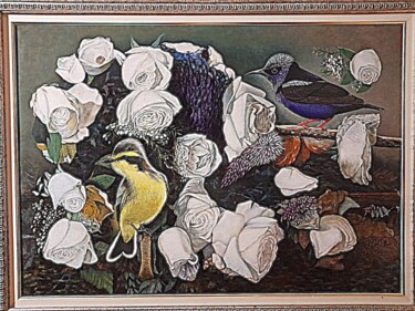 Painting titled "Pássaros e flores" by Galvão, Original Artwork, Acrylic Mounted on Wood Stretcher frame