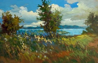 Pintura titulada "Flower field and ri…" por Yuriy Suprunchuk, Obra de arte original, Oleo Montado en Cartulina