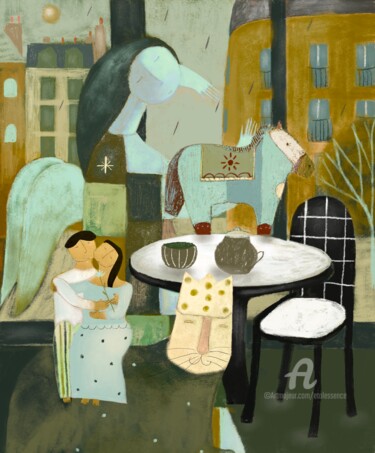 Petits Amoureux à l'Ange,après-midi authé,chat à la couronne Картина под названием "Petits Amoureux à l…" - Etolessence, Подлинное произведение искусства, Пастель