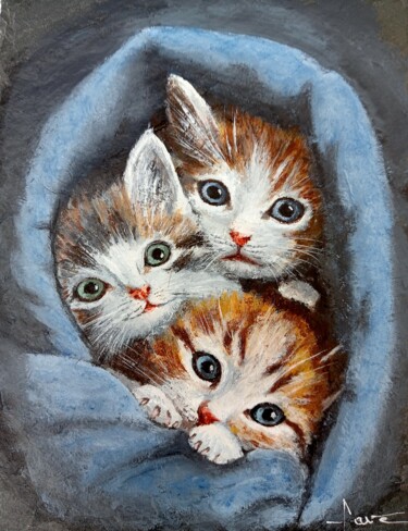Schilderij getiteld ""3 chatons"" door Alain Favé, Origineel Kunstwerk, Acryl Gemonteerd op Steen