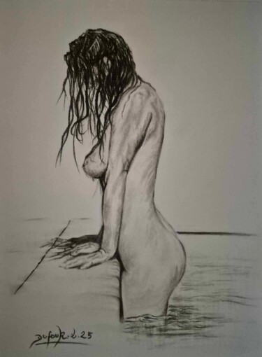 Disegno intitolato "A la fraîche." da Laurence Dufour, Opera d'arte originale, Carbone