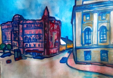 Pittura intitolato "The rose building" da Alexey Zhucovsky, Opera d'arte originale, Acquarello