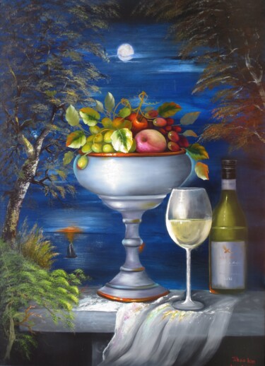 A Toast to the Night 「A Toast to the Night」というタイトルの絵画 Jihea Kimによって, オリジナルのアートワーク, オイル ウッドストレッチャーフレームにマウント