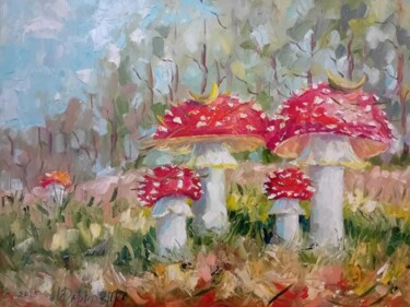Painting titled "fly agarics" by Irina Davidenko, Original Artwork, Oil