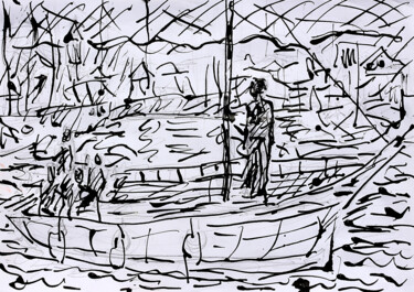 Desenho intitulada "Port et voiliers" por Jean Mirre, Obras de arte originais, Tinta
