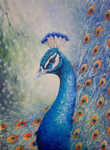 Schilderij getiteld "Peacock, Original O…" door Nati Art, Origineel Kunstwerk, Olie Gemonteerd op Houten paneel