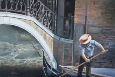 「Venise insolite」というタイトルの絵画 Serge Santiniによって, オリジナルのアートワーク, オイル 段ボールにマウント