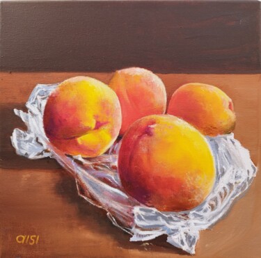 Still life warm peach dessert Schilderij getiteld "Still life warm pea…" door Larisa Sidorova (Alsi), Origineel Kunstwerk, Olie Gemonteerd op Frame voor h…