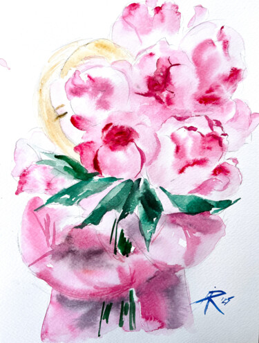 GIRL WITH PEONIES BOUQUET Painting titled "GIRL WITH PEONIES B…" by Ira Popovych, Original Artwork, Watercolor