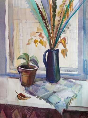 Картина под названием "at the window" - Pavel Minchenia, Подлинное произведение искусства, Акварель