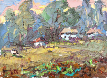 Painting titled "Village edge" by Oleksiy Ivanyuk, Original Artwork, Oil Mounted on Wood Stretcher frame