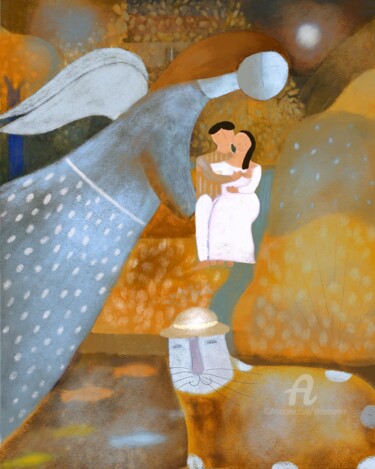 Petits Amoureux à l'Ange, chat au chapeau,hiver aux poissons "Petits Amoureux à l…" başlıklı Tablo Etolessence tarafından, Orijinal sanat, Pastel