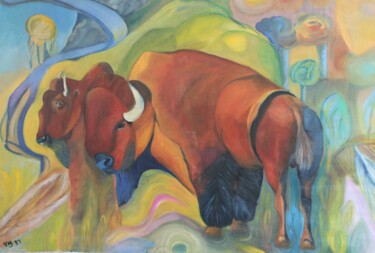 Schilderij getiteld "Büffel" door Veronika Metasch, Origineel Kunstwerk, Olie Gemonteerd op Frame voor houten brancard