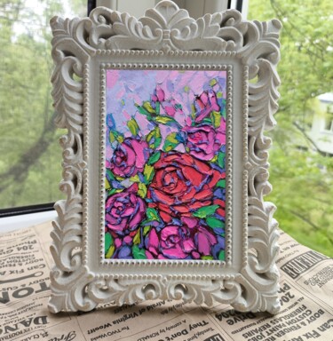 Pintura intitulada "Roses Framed Oil Pa…" por Svetlana Sindere, Obras de arte originais, Óleo Montado em Cartão