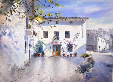 Sunlit Courtyard in Valencia Malarstwo zatytułowany „Sunlit Courtyard in…” autorstwa Eugenia Gorbacheva, Oryginalna praca, Akwarela