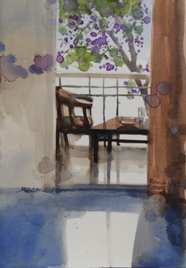 Painting titled "Violet blooms, balc…" by Prashant Prabhu, Original Artwork, Watercolor