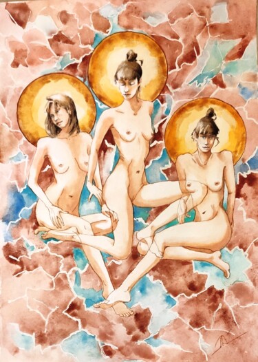 Painting titled "Les trois grâces" by Lidia Marinova, Original Artwork, Watercolor