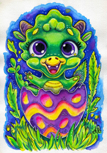 Kawaii Dino Egg Original Painting - Handmade Anime-Style Art
