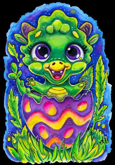 Kawaii Dino Egg Original Painting - Handmade Anime-Style Art 绘画 标题为“Kawaii Dino Egg Ori…” 由Anastasia Kokler, 原创艺术品, 水彩