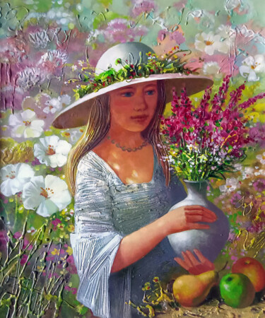 Картина под названием "Girl with a bouquet" - Anatoly Tarabanov, Подлинное произведение искусства, Масло Установлен на Дерев…