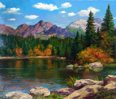 제목이 "Mountain Lake"인 미술작품 Anatoly Tarabanov로, 원작, 기름 나무 들것 프레임에 장착됨