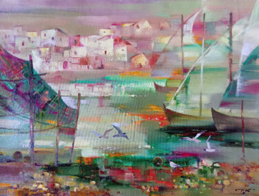 Painting titled "Harbor" by Anatoly Tarabanov, Original Artwork, Oil Mounted on Wood Stretcher frame