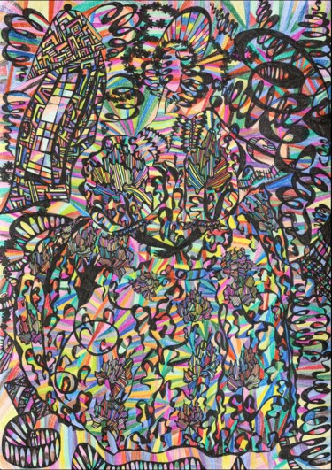 Disegno intitolato "Rainbow meetings" da Irina Shumskaya, Opera d'arte originale, Penna gel Montato su Cartone