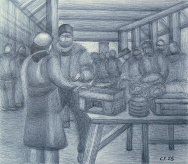Disegno intitolato "Mercato di quartier…" da Francesco Cagnato, Opera d'arte originale, Biro
