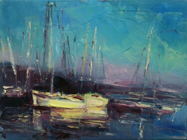 Картина под названием "Port fluvial XIX" - Marta Lipowska, Подлинное произведение искусства, Масло Установлен на Деревянная…