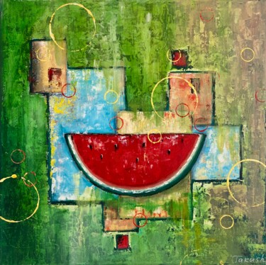 Painting titled "Watermelon" by Takush, Original Artwork, Oil Mounted on Wood Stretcher frame