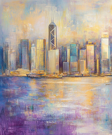 Silent City under Golden Skies Arts numériques intitulée "Silent City under G…" par Lucy Moon, Œuvre d'art originale, Acrylique