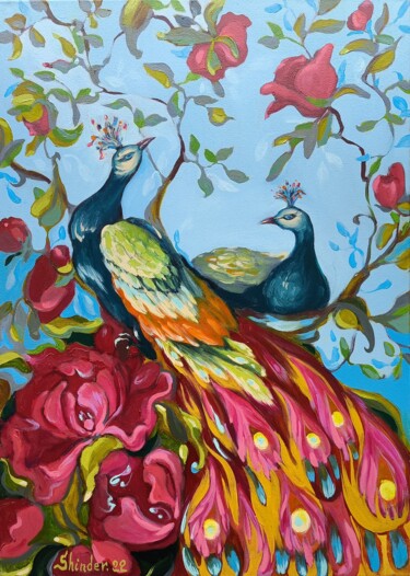 Large Landscape Original Peacock Oil Painting Birds Fine Art 「Large Landscape Ori…」というタイトルの絵画 Svetlana Sindereによって, オリジナルのアートワーク, オイル ウッドストレッチャーフレームにマウント