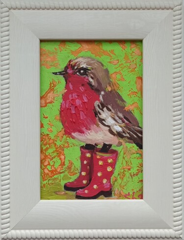 Robin Bird Original Bird in Boots Framed Red Birds Painting 「Robin Bird Original…」というタイトルの絵画 Svetlana Sindereによって, オリジナルのアートワーク, オイル 段ボールにマウント