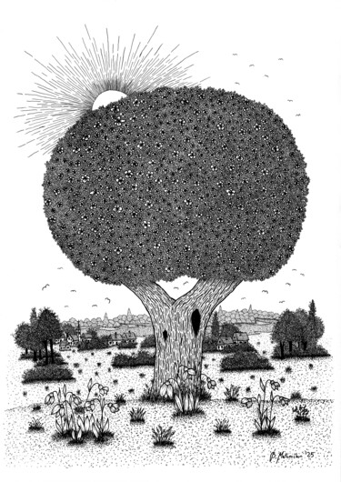 Σχέδιο με τίτλο "Spring Tree" από Boris Matoničkin, Αυθεντικά έργα τέχνης, Μελάνι