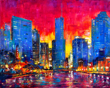 Chicago Afterglow Pittura intitolato "Chicago Afterglow" da Natalia Shchipakina, Opera d'arte originale, Olio Montato su Telaio per barella in…