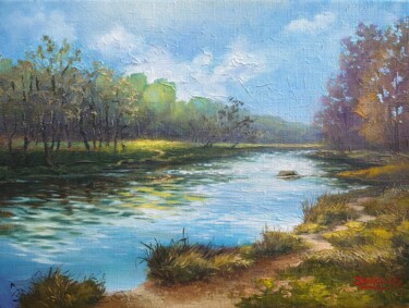 Painting titled "Riverbank Light" by Ivan Byalkovsky, Original Artwork, Oil Mounted on Wood Stretcher frame
