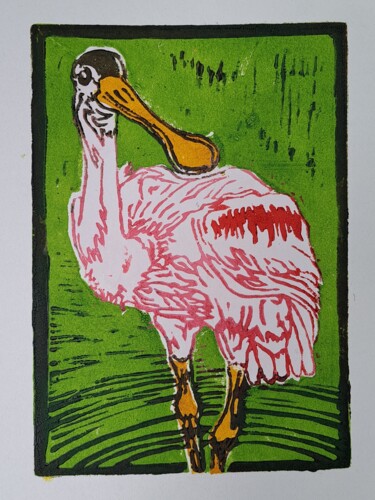 Printmaking titled "Spoonbill" by Jon Phillipson, Original Artwork, Linocuts