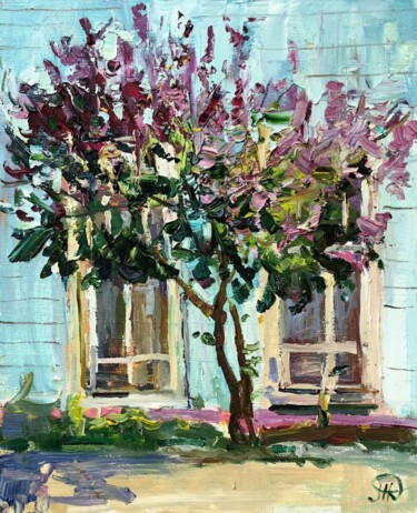 绘画 标题为“Lilacs in the Court…” 由Onpumi, 原创艺术品, 油 安装在其他刚性面板上