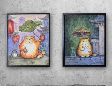 Diptych of ginger Totoro cats in rain 绘画 标题为“Diptych of ginger T…” 由Joanna Misoteri, 原创艺术品, 丙烯 安装在其他刚性面板上