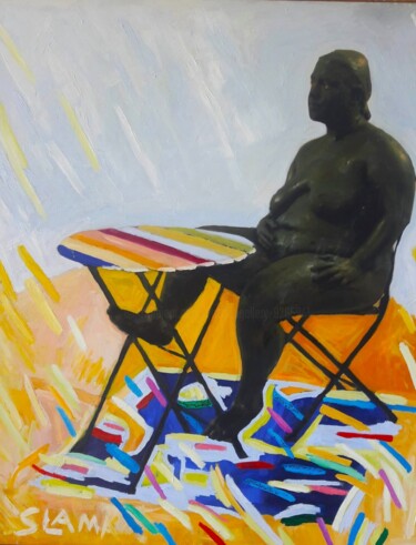 Pittura intitolato "She is sitting." da Shmuel Slama, Opera d'arte originale, Olio