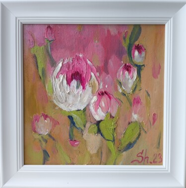 Tulips Original Framed, Landscape, Delicate Flowers Painting Painting titled "Tulips Original Fra…" by Svetlana Sindere, Original Artwork, Oil Mounted on Cardboard