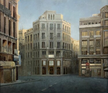 Painting titled "Plaza de Canalejas" by Luis Sevillano, Original Artwork, Oil Mounted on Wood Stretcher frame