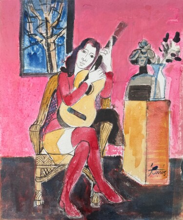 Peinture intitulée "Mujer con guitarra" par Jordi Curós, Œuvre d'art originale, Bombe aérosol Monté sur Autre panneau rigide